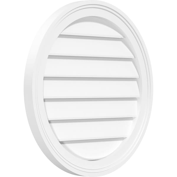 Round Surface Mount PVC Gable Vent: Functional, W/ 2W X 1-1/2P Brickmould Frame, 34W X 34H
